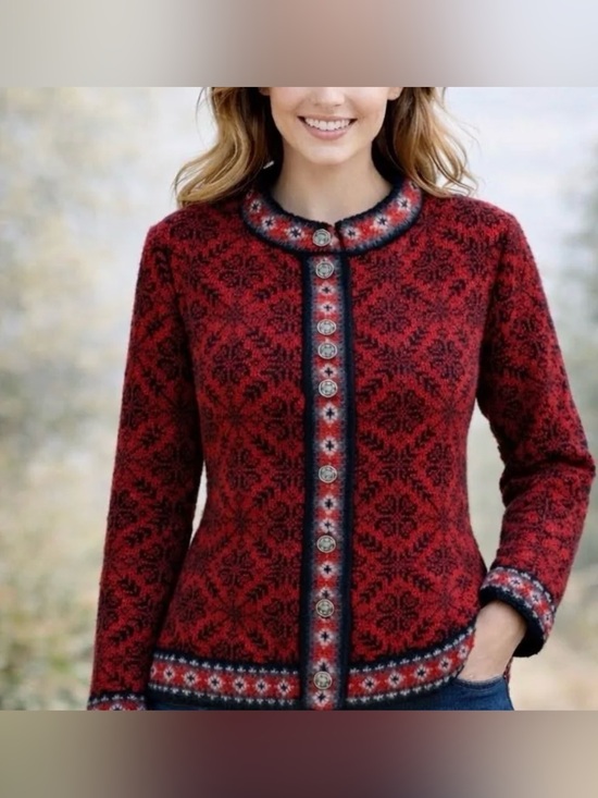 L.L. Bean Sweaters - L.L. Bean Merino Wool Nordic Fair Isle Cardigan Sweater Red Black Women M 0UF39